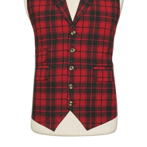 Mens Plaid Vest 46R Red Black Wool Waistcoat Preppy Wedding Party Formal Casual - Picture 4 of 8